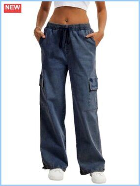 High Waisted Cargo Wide Leg Stretchy Jeans Pull On Utility Pants
